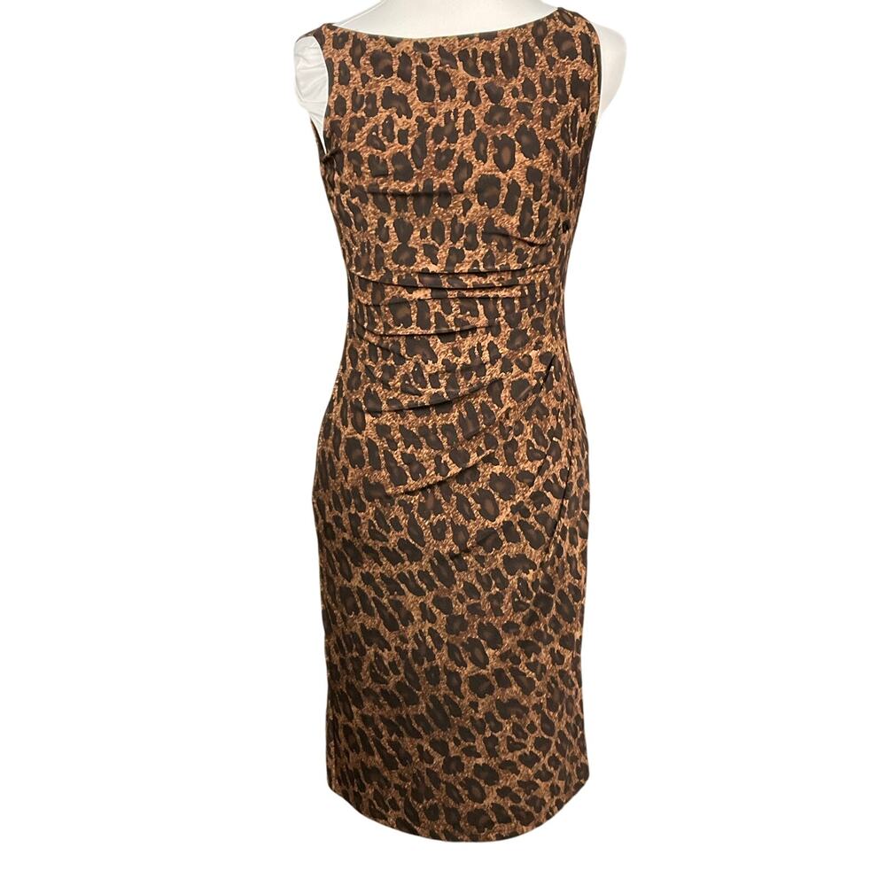 LAUREN RALPH LAUREN Dress Stretch Jersey Animal Print Ruched Surplice Brown sz 2 - Picture 3 of 13